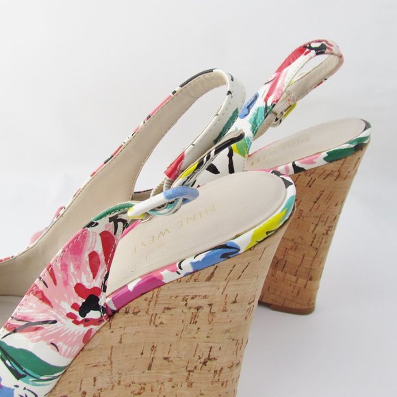 Nine West Leggyr FLORAL WEDGE SANDAL Platform Peep-Toe Cork Slingback 9 M - Picture 6 of 11